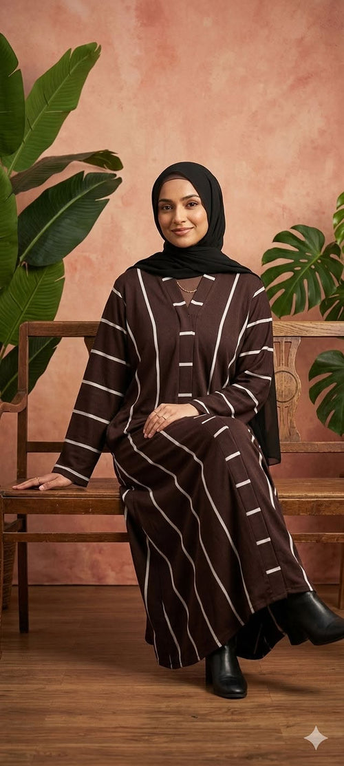 RIMISH brown striped V-neck abaya
