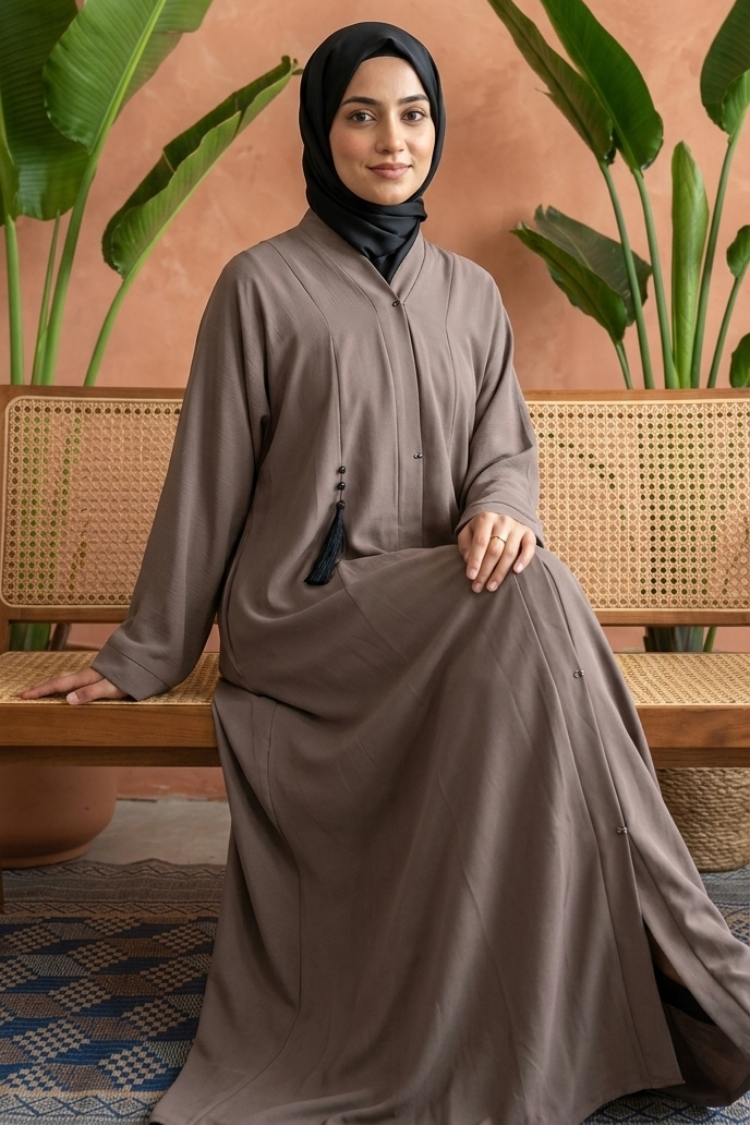 Woman in a brown abaya sitting on a bench with plants in the background